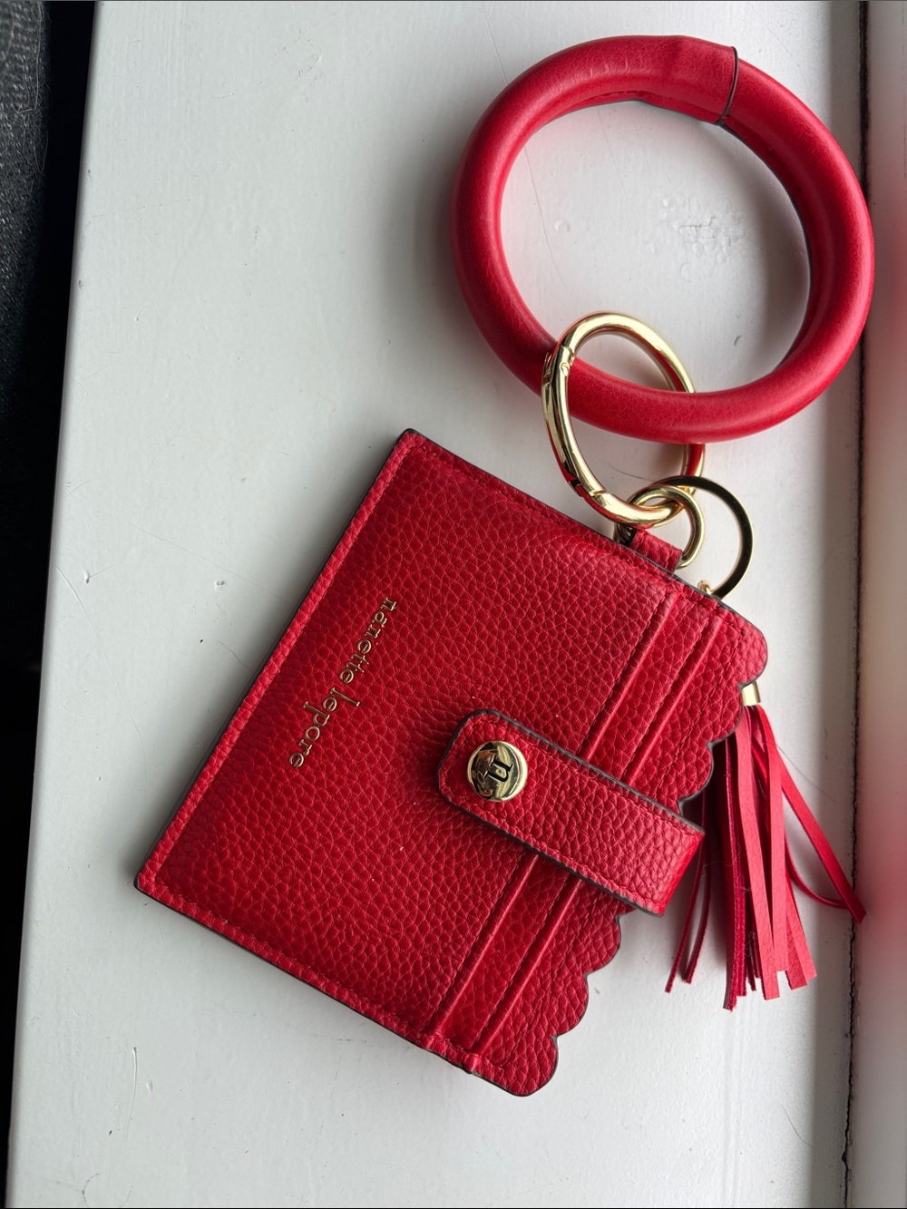 nanette Lepore Red Scallop Edge Card Holder Wristlet with Tassel Keyring